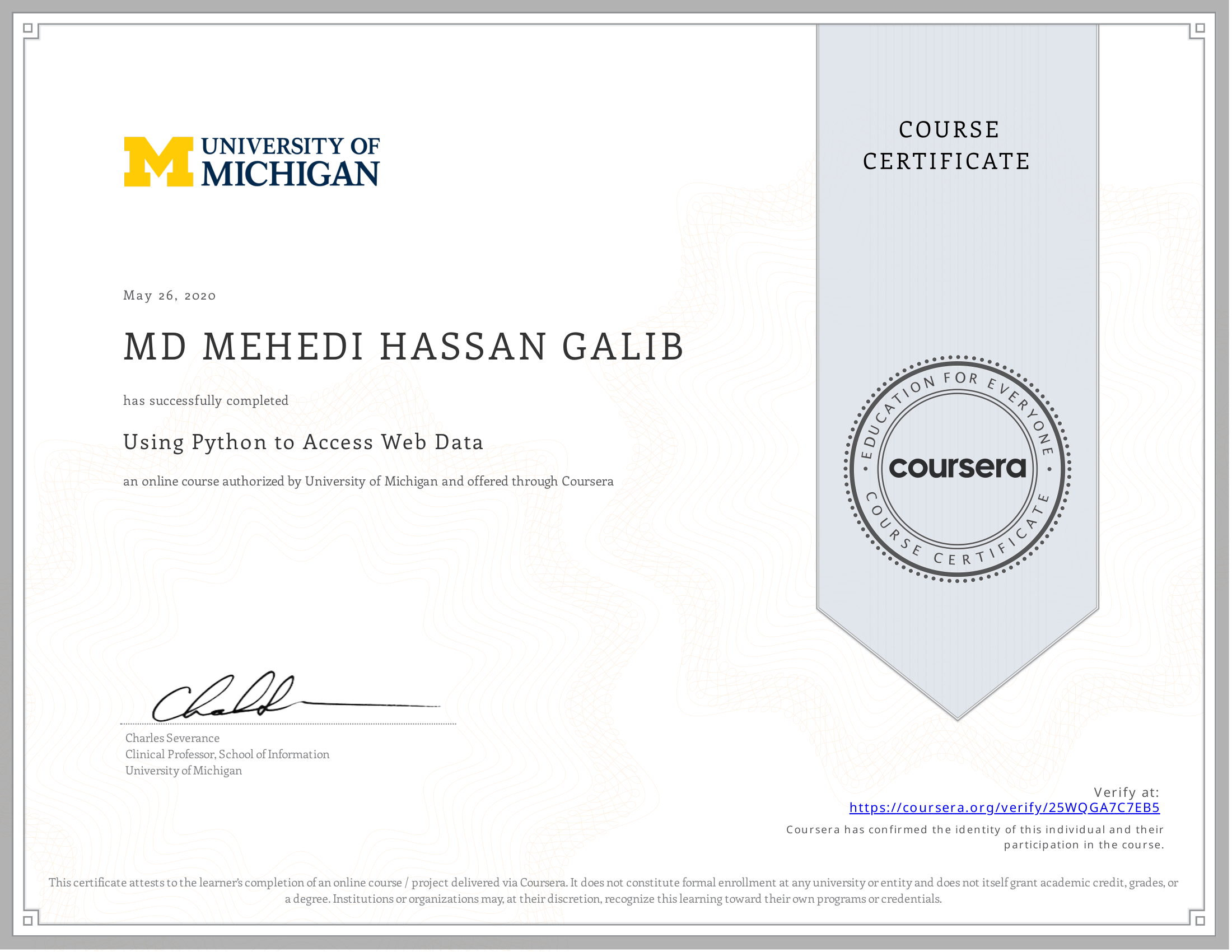 Using Python to Access Web Data certificate preview