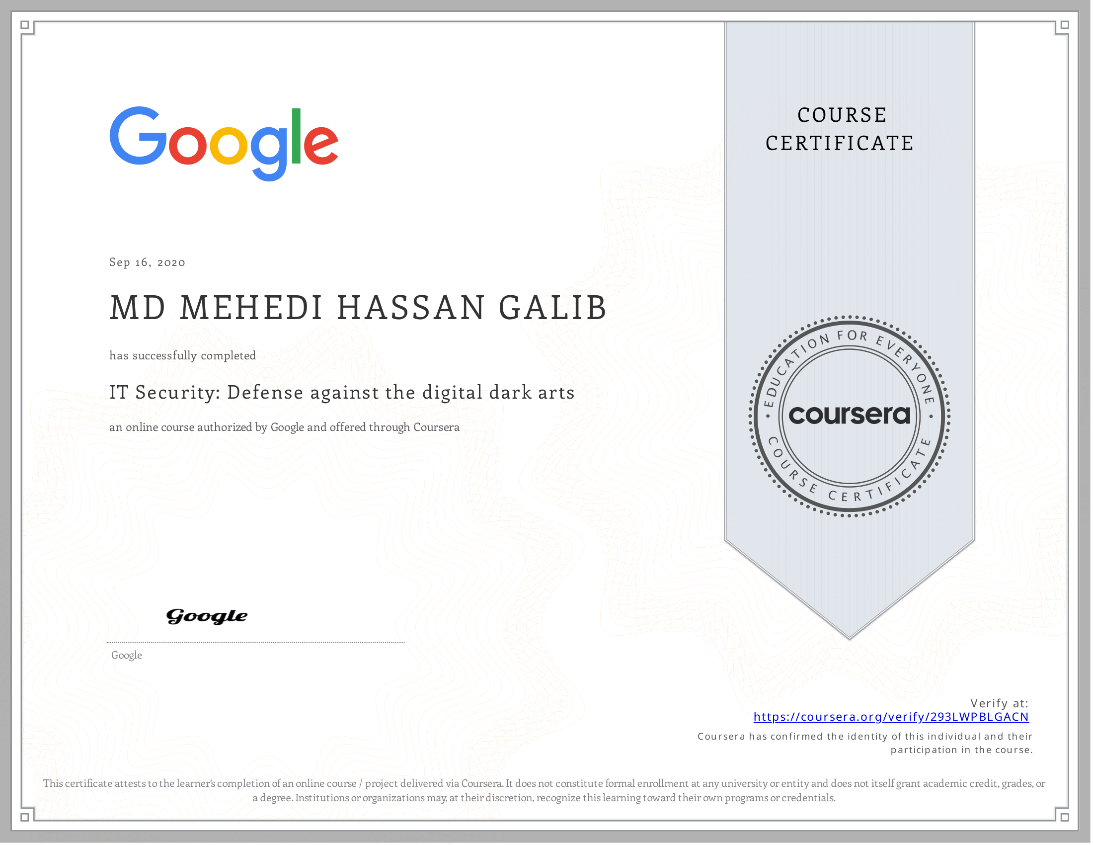 IT Security: Defense against the digital dark arts certificate preview