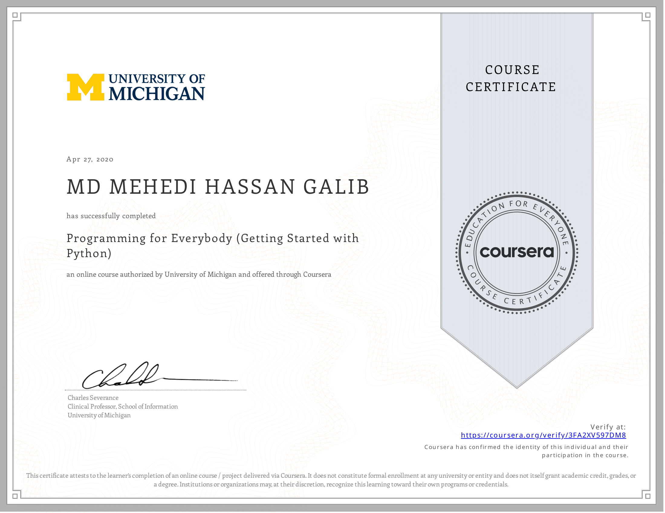 Programming for Everybody (Getting Started with Python) certificate preview