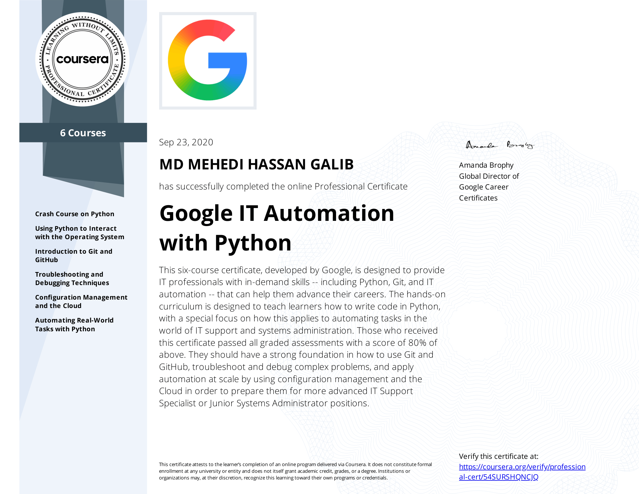 Google IT Automation with Python certificate preview