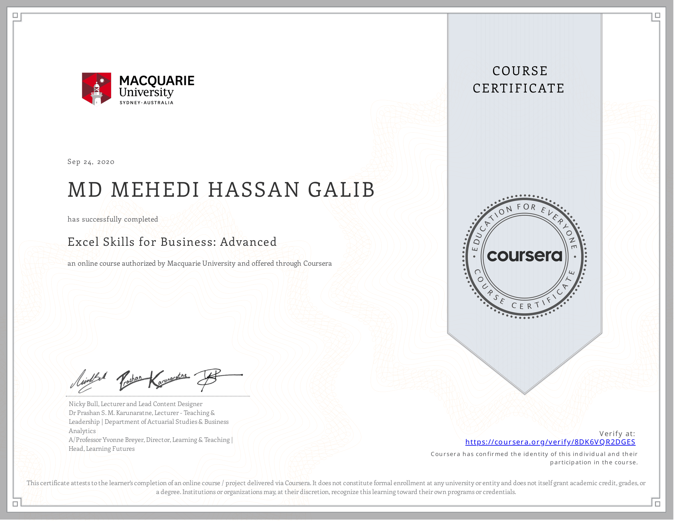 Excel Skills for Business: Advanced certificate preview