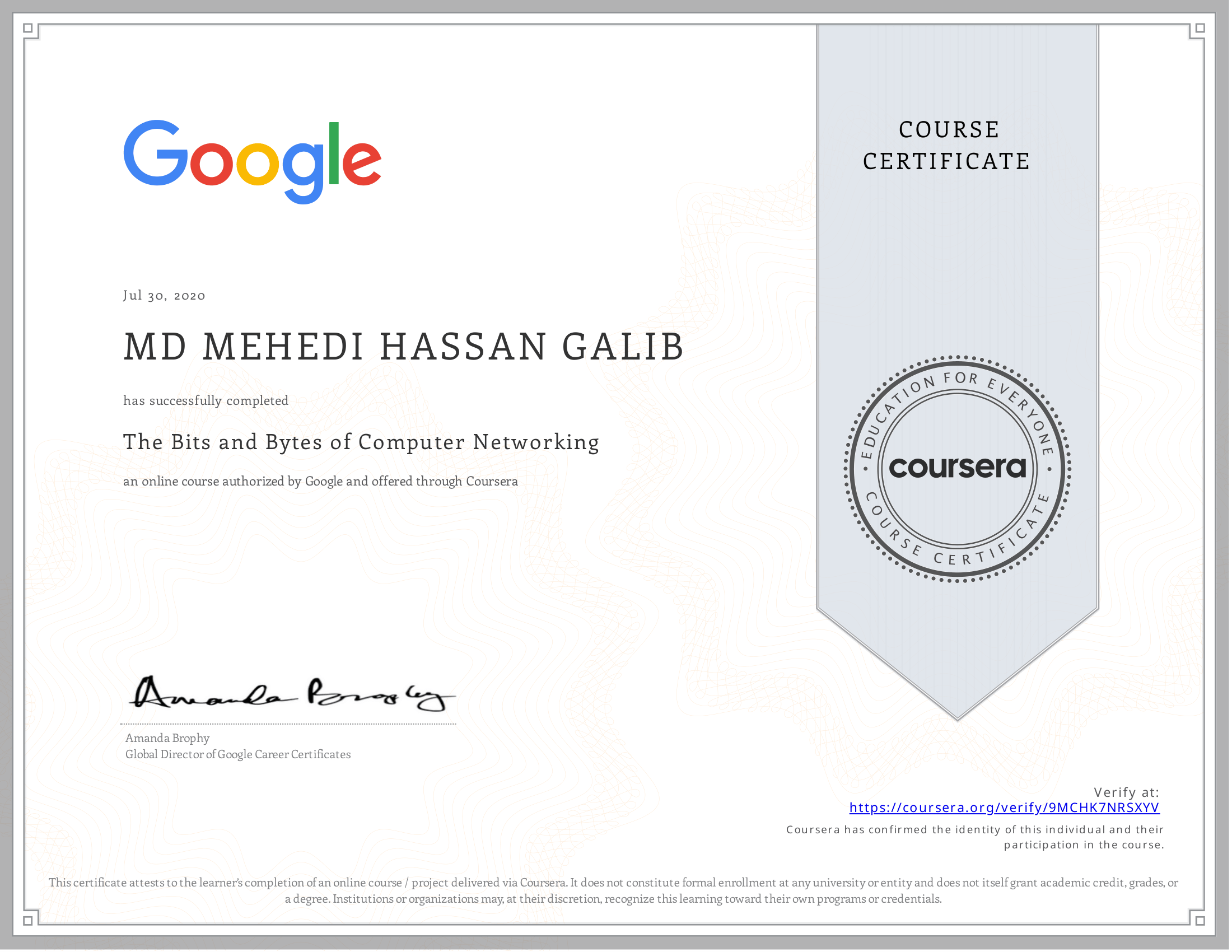 The Bits and Bytes of Computer Networking certificate preview