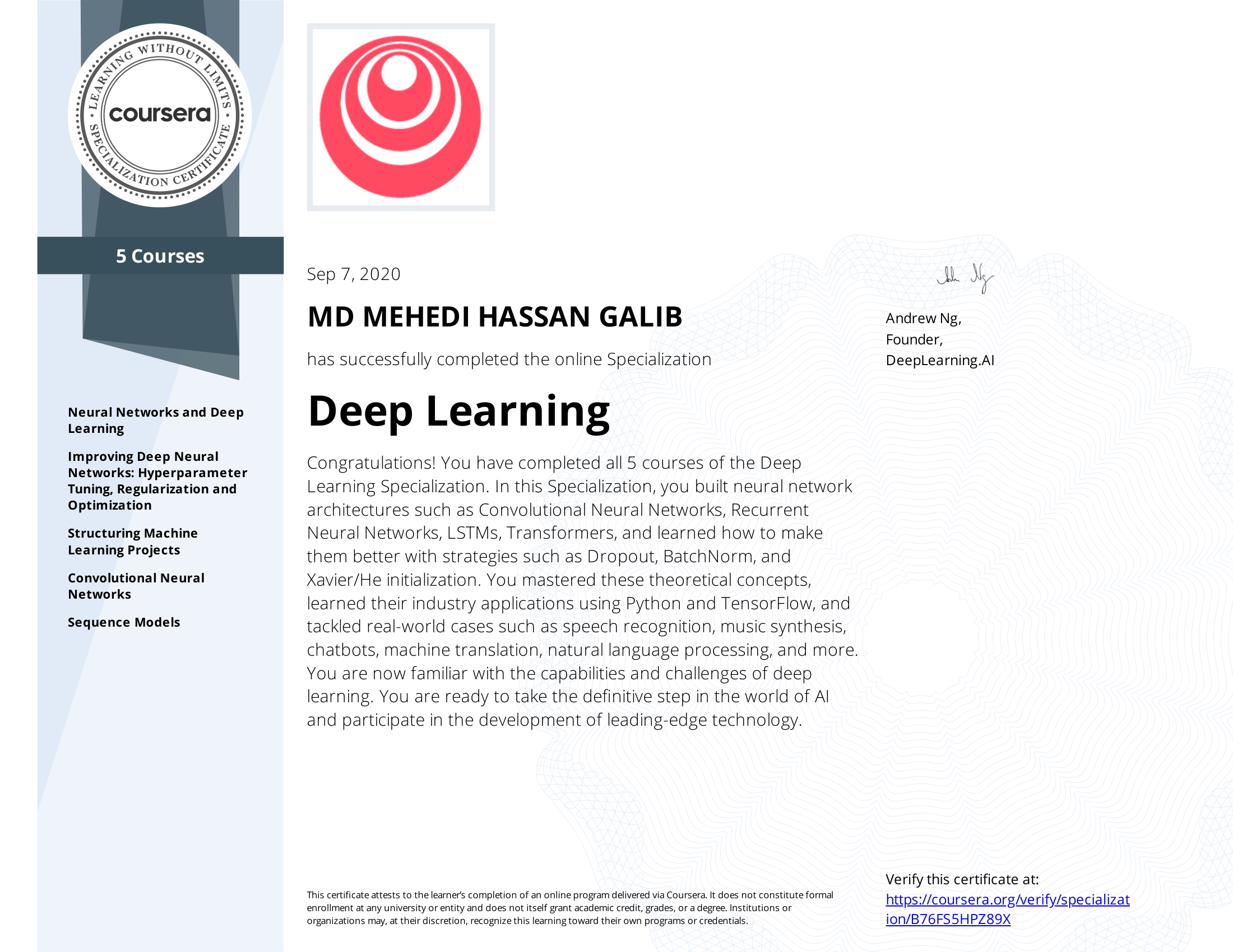 Deep Learning certificate preview
