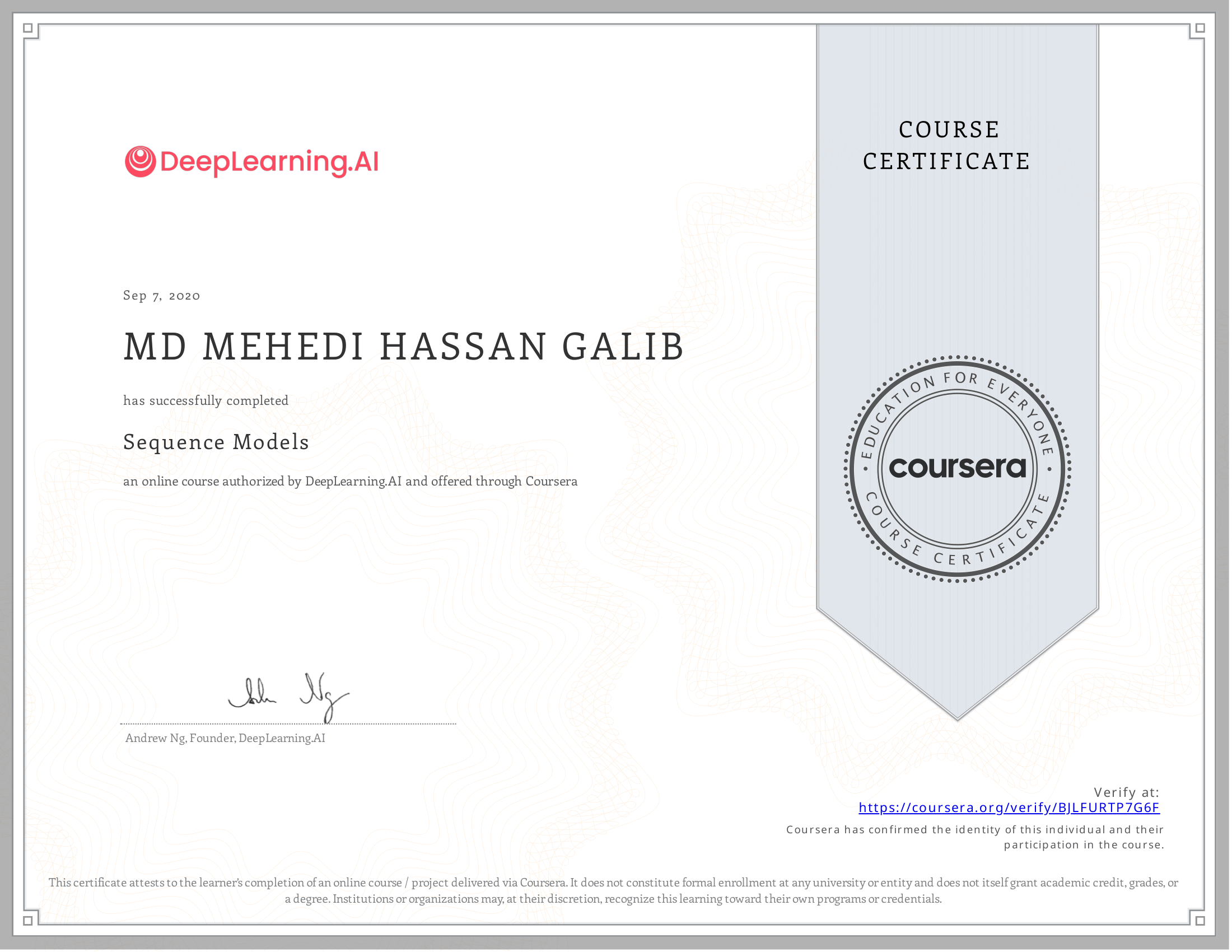 Sequence Models certificate preview