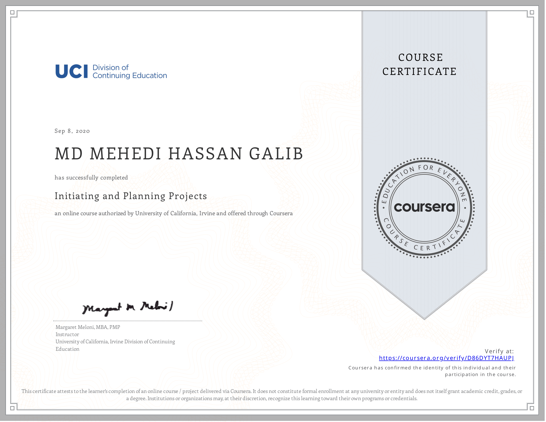 Initiating and Planning Projects certificate preview