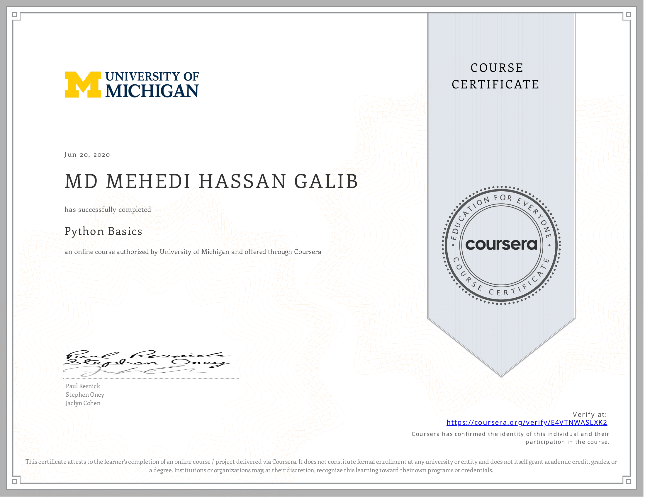Python Basics certificate preview