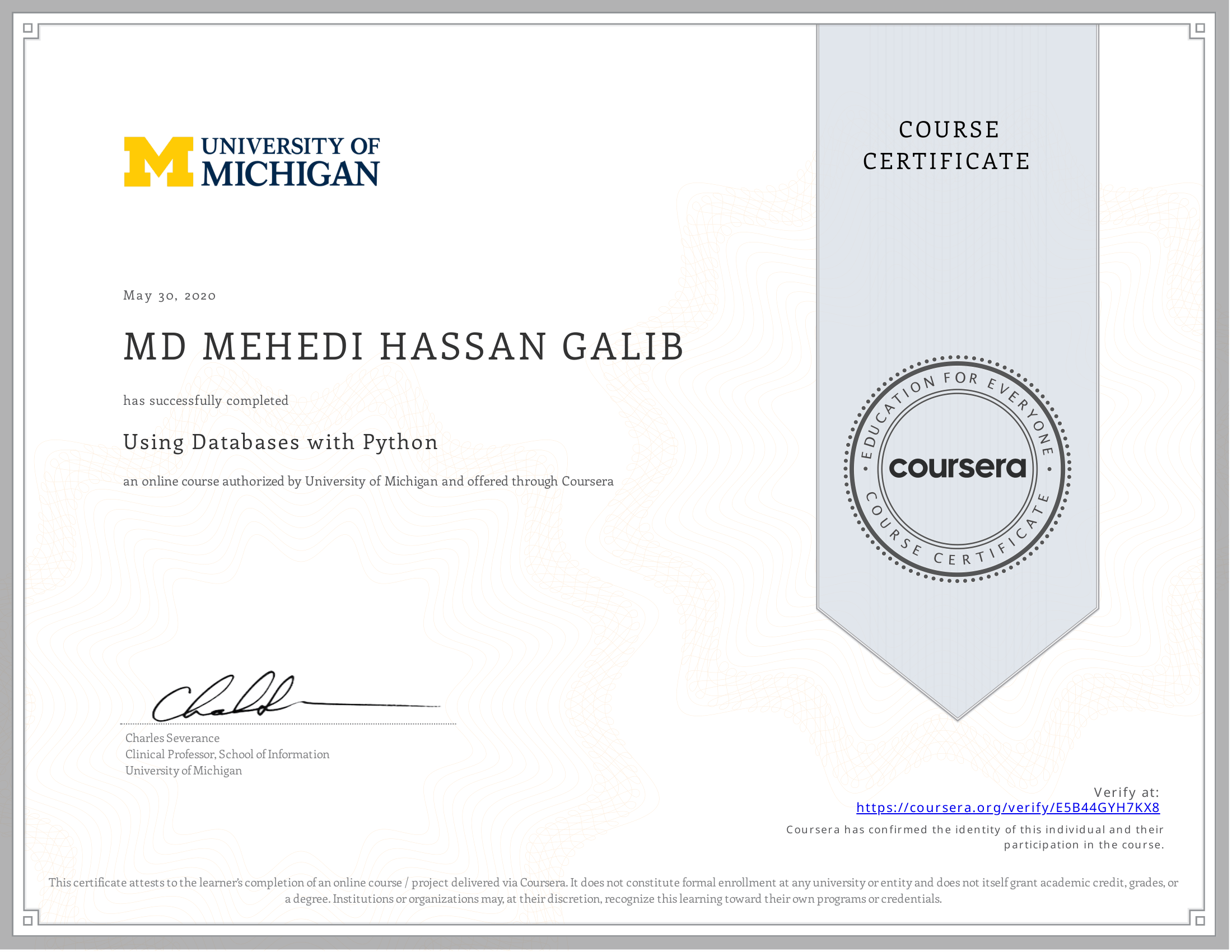 Using Databases with Python certificate preview