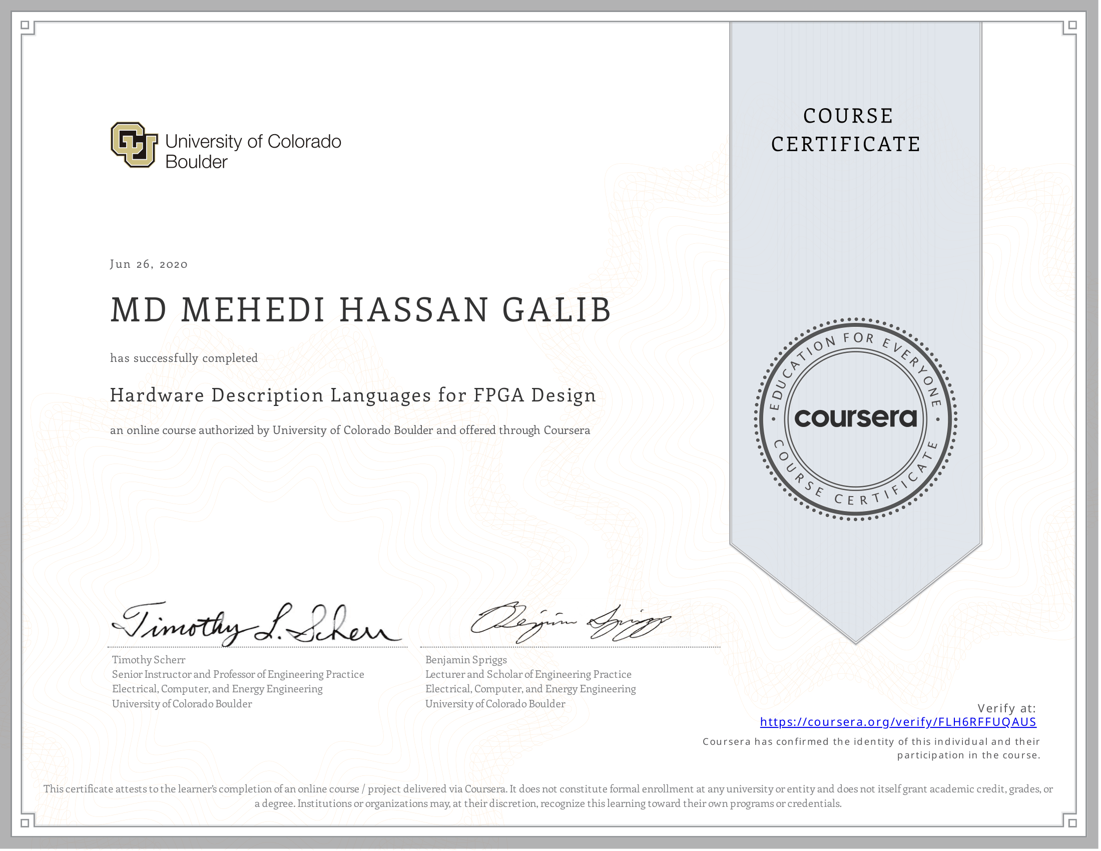 Hardware Description Languages for FPGA Design certificate preview