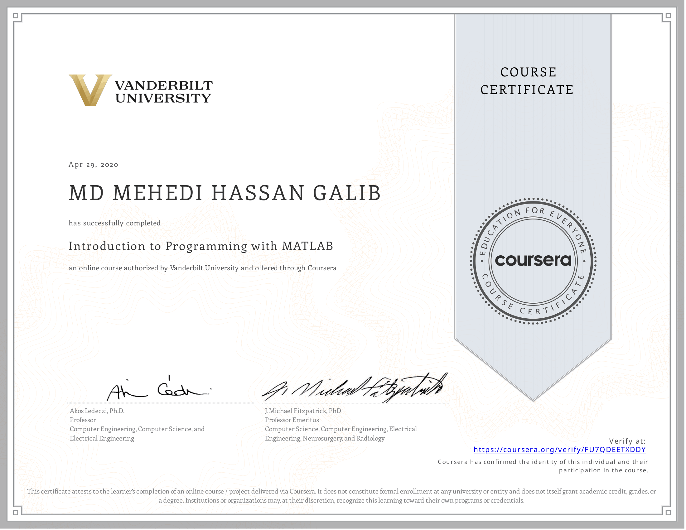 Introduction to Programming with MATLAB certificate preview