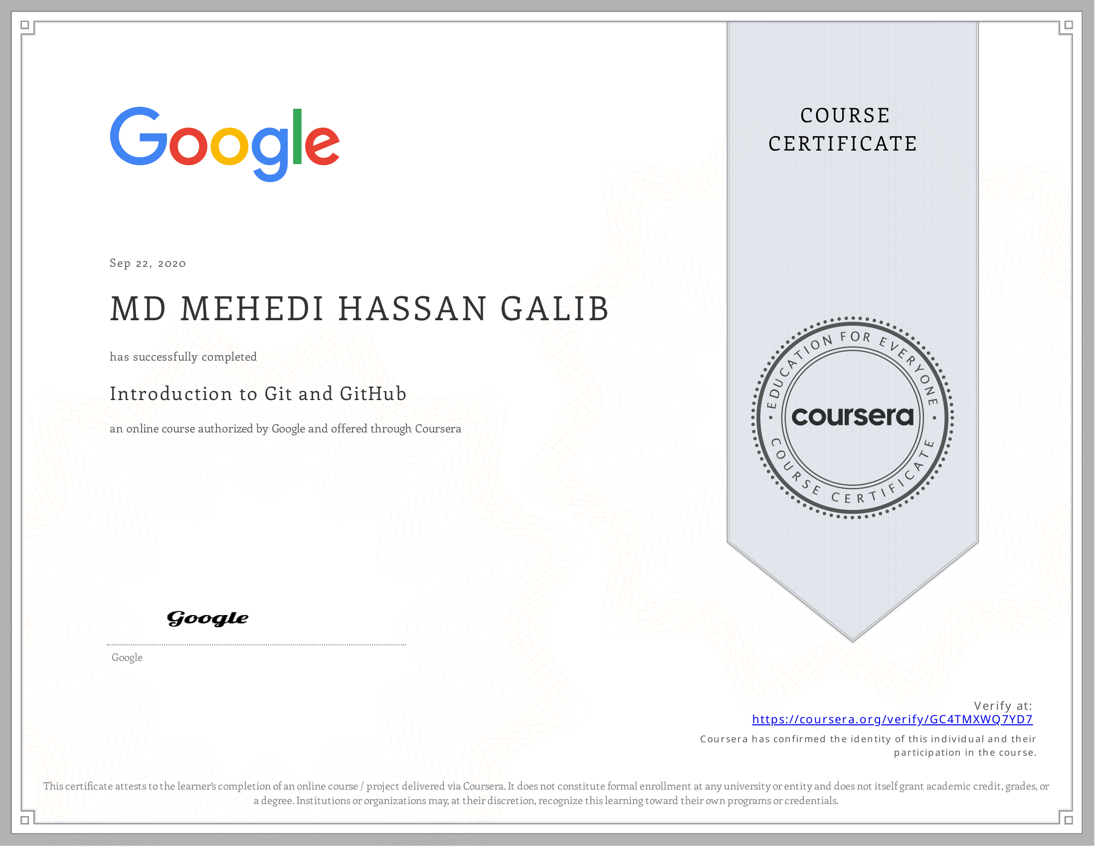 Introduction to Git and GitHub certificate preview