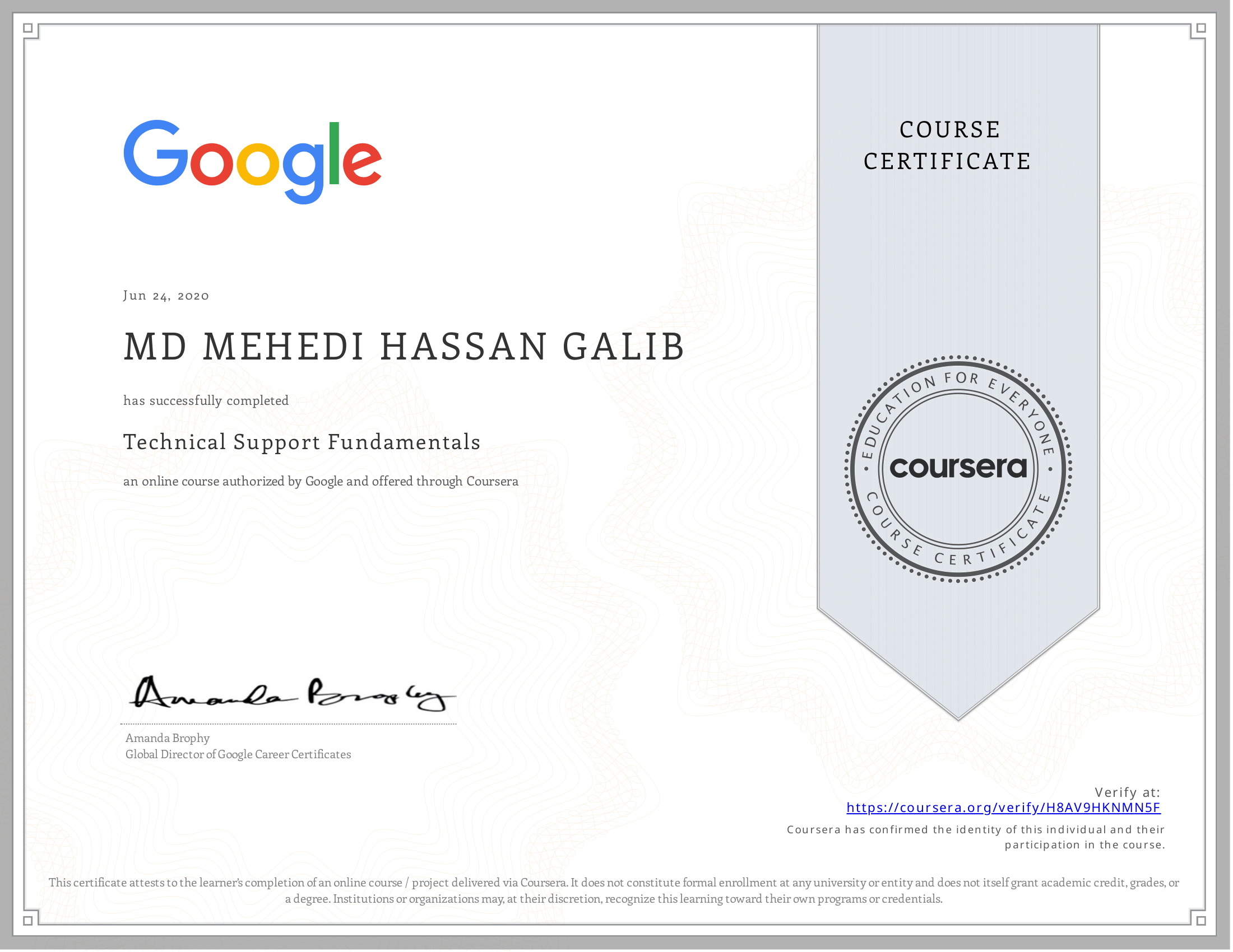 Technical Support Fundamentals certificate preview