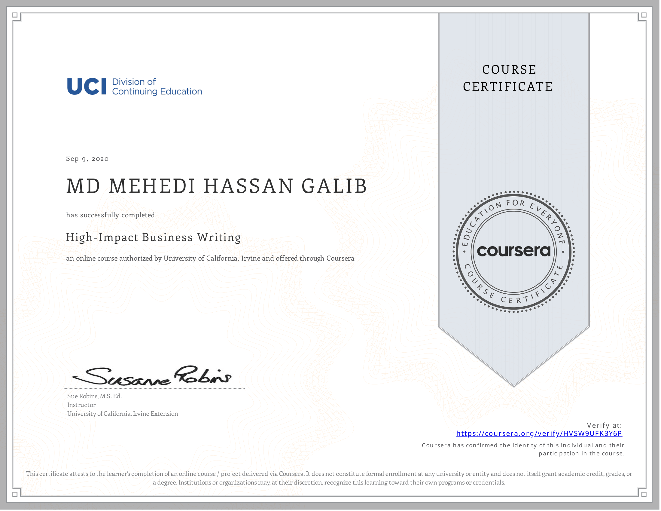 High-Impact Business Writing certificate preview