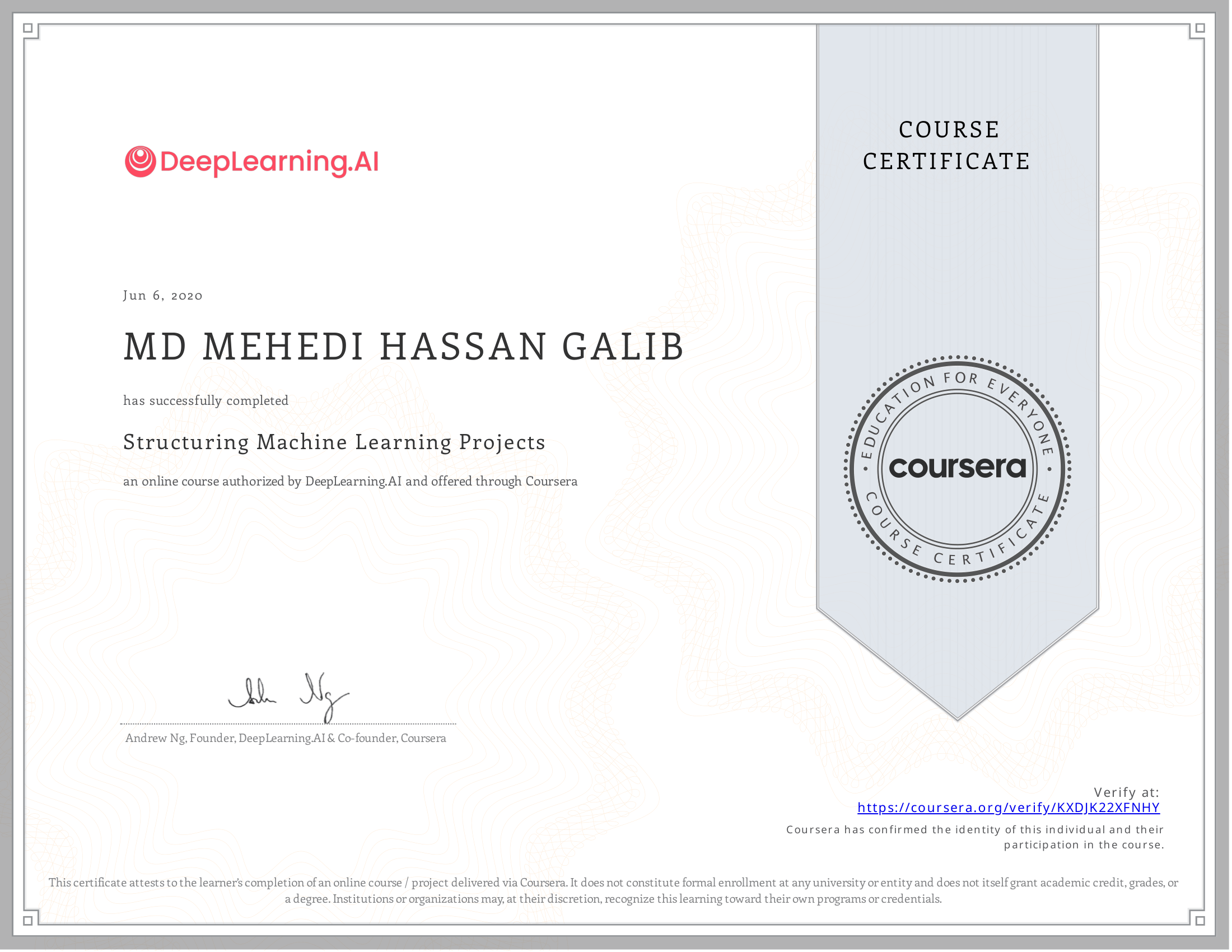 Structuring Machine Learning Projects certificate preview