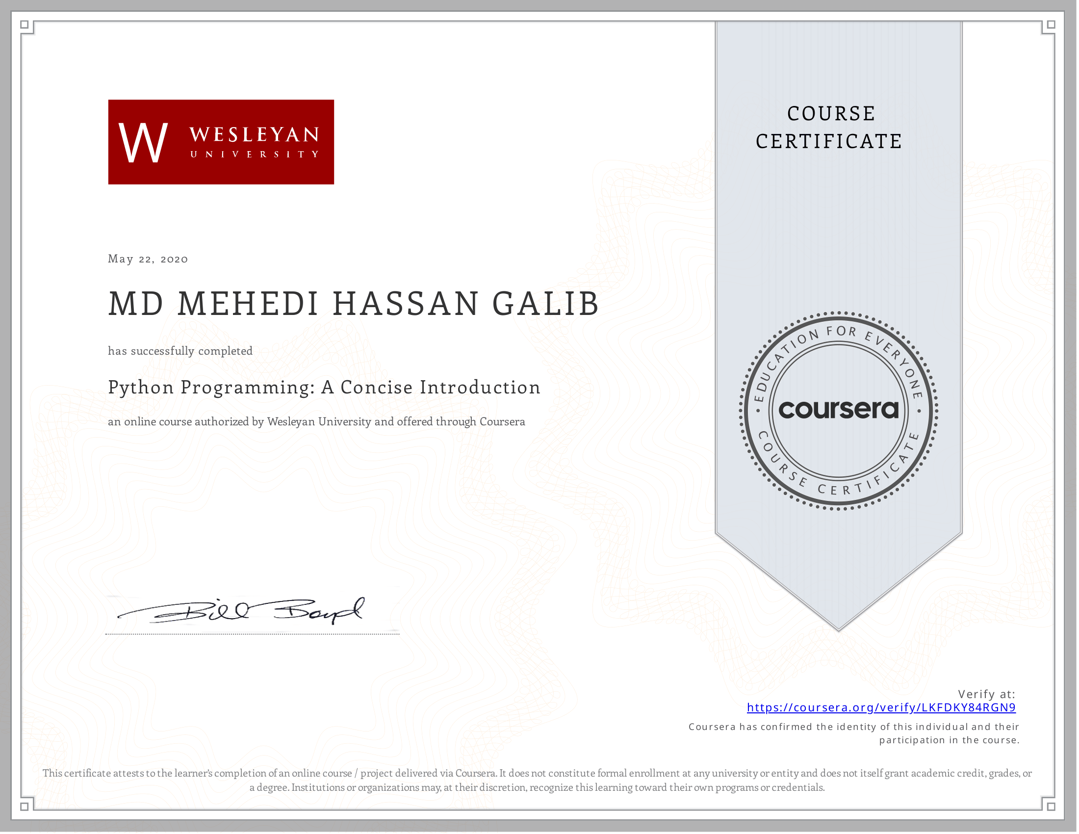 Python Programming: A Concise Introduction certificate preview
