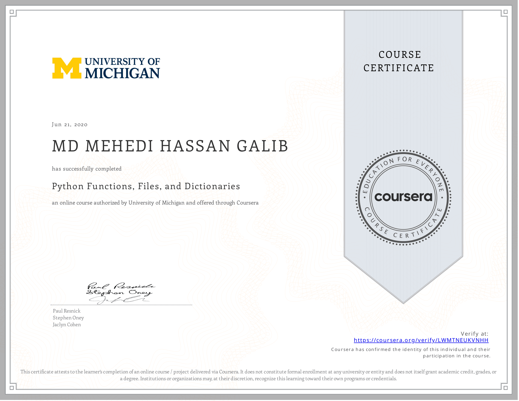 Python Functions, Files, and Dictionaries certificate preview