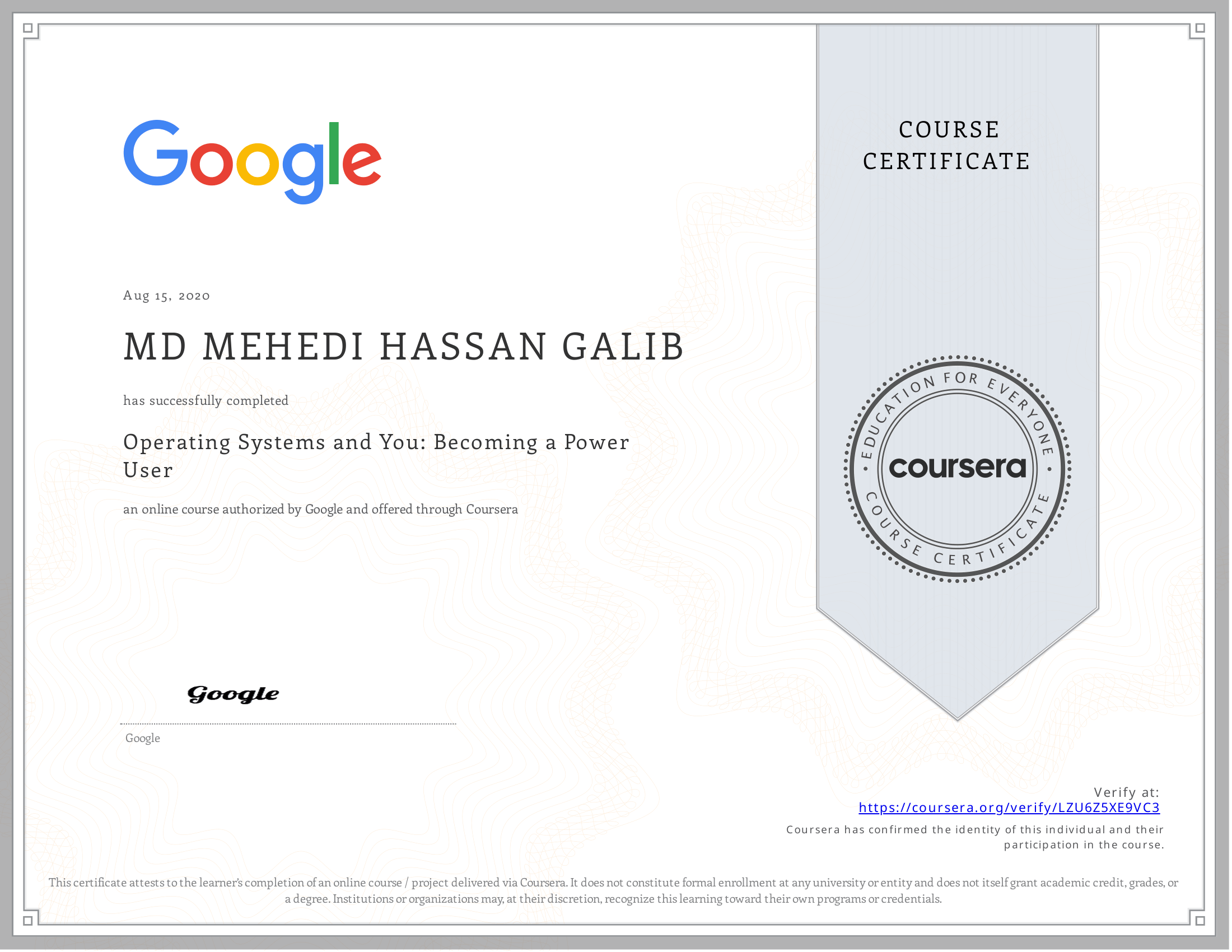Operating Systems and You: Becoming a Power User certificate preview