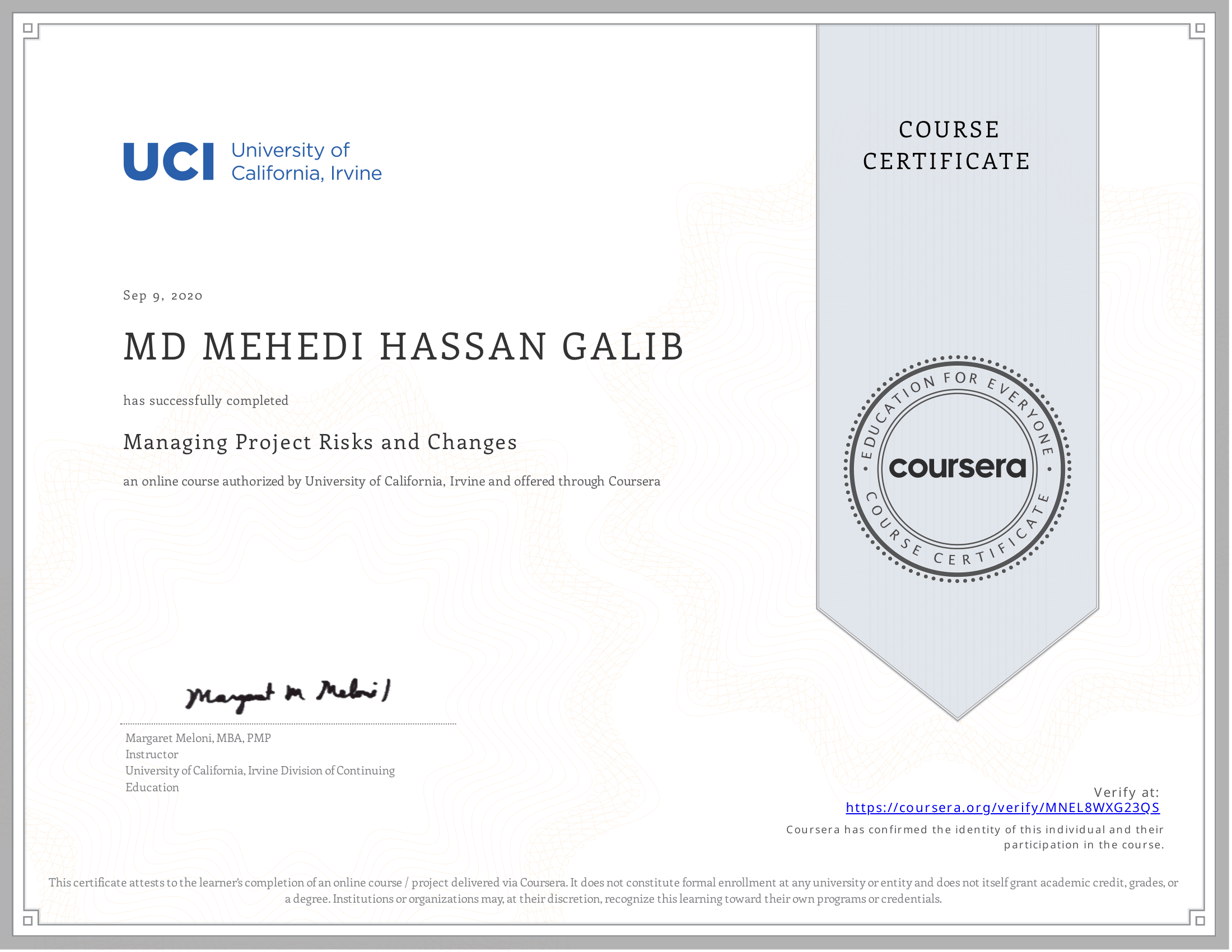 Managing Project Risks and Changes certificate preview