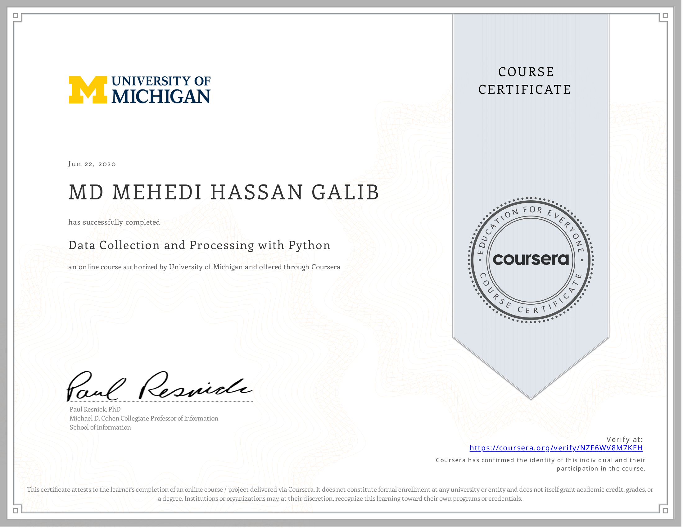 Data Collection and Processing with Python certificate preview