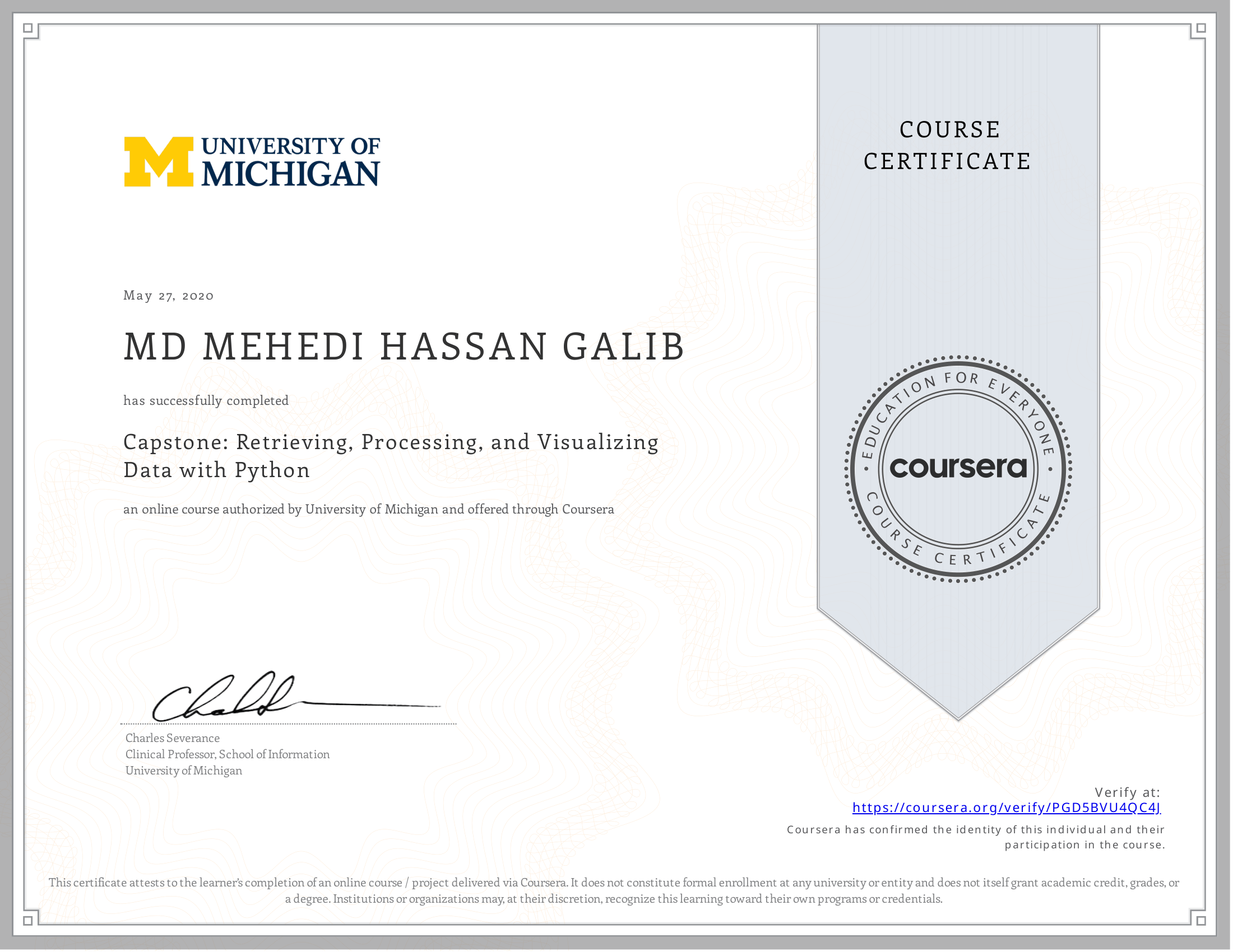 Capstone: Retrieving, Processing, and Visualizing Data with Python certificate preview
