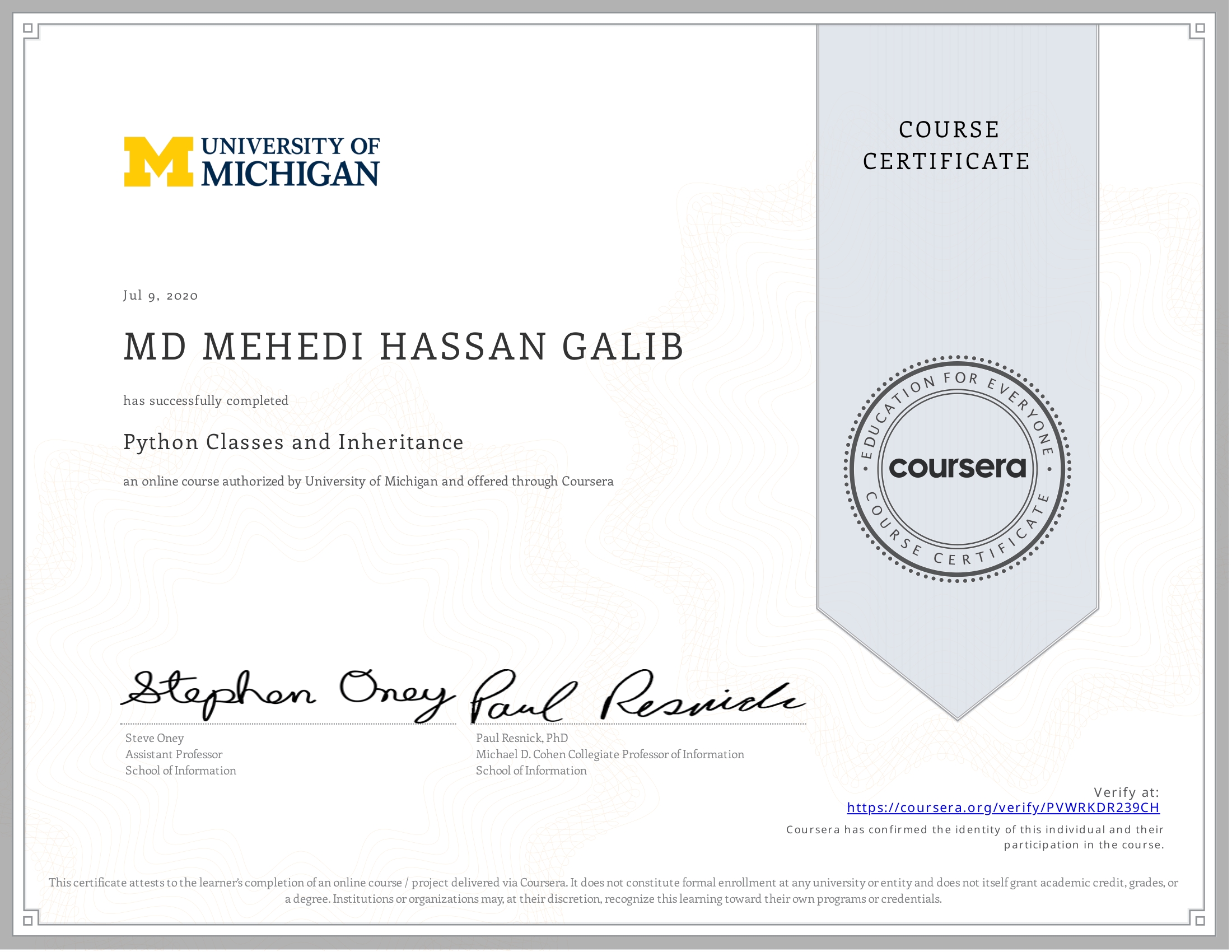 Python Classes and Inheritance certificate preview