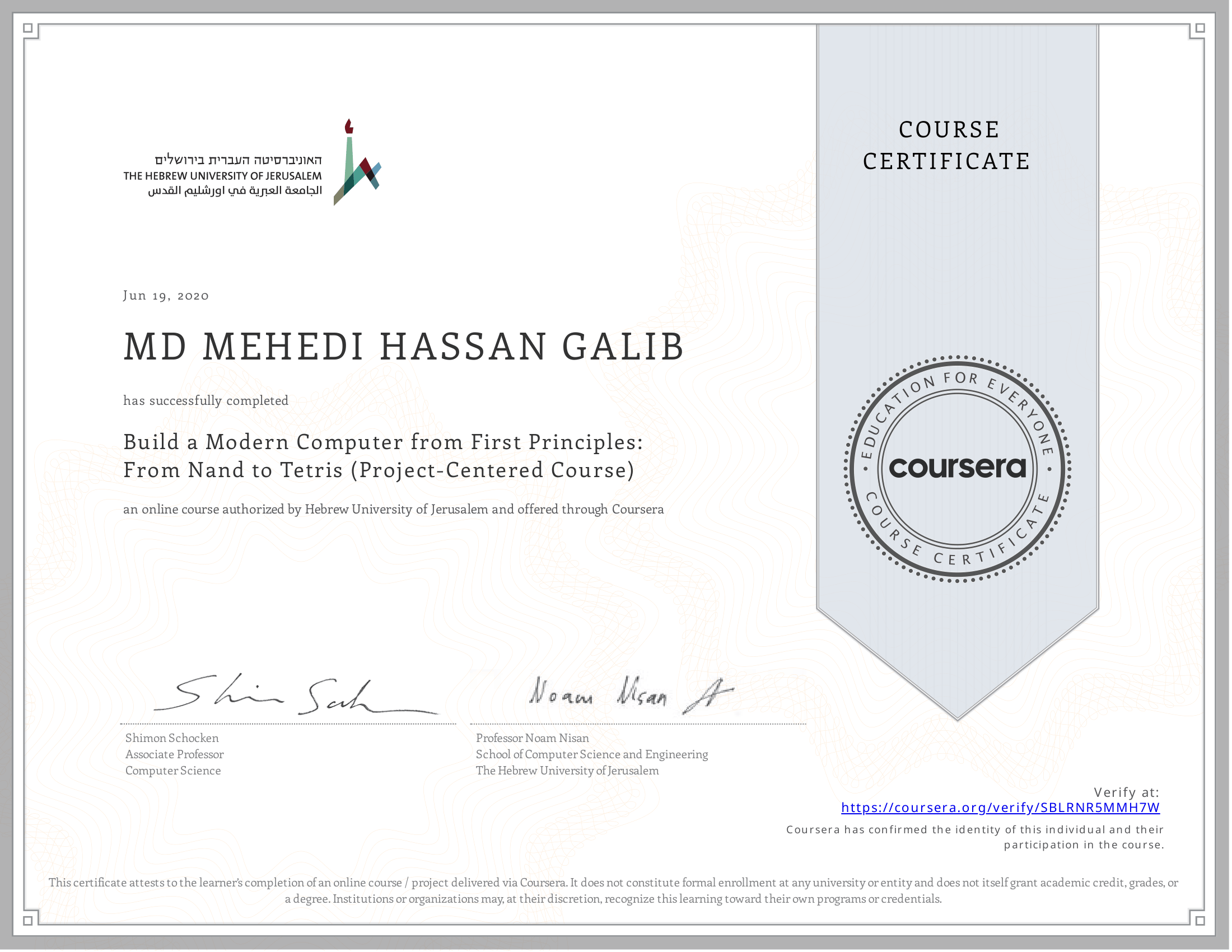 Build a Modern Computer from First Principles: From Nand to Tetris (Project-Centered Course) certificate preview