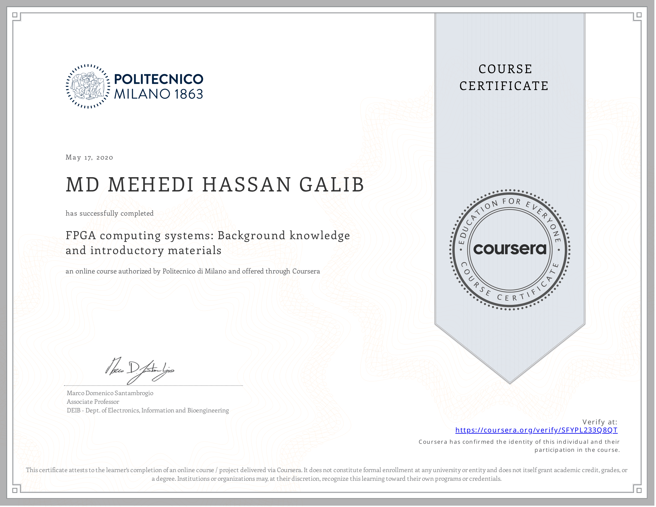 FPGA computing systems: Background knowledge and introductory materials certificate preview