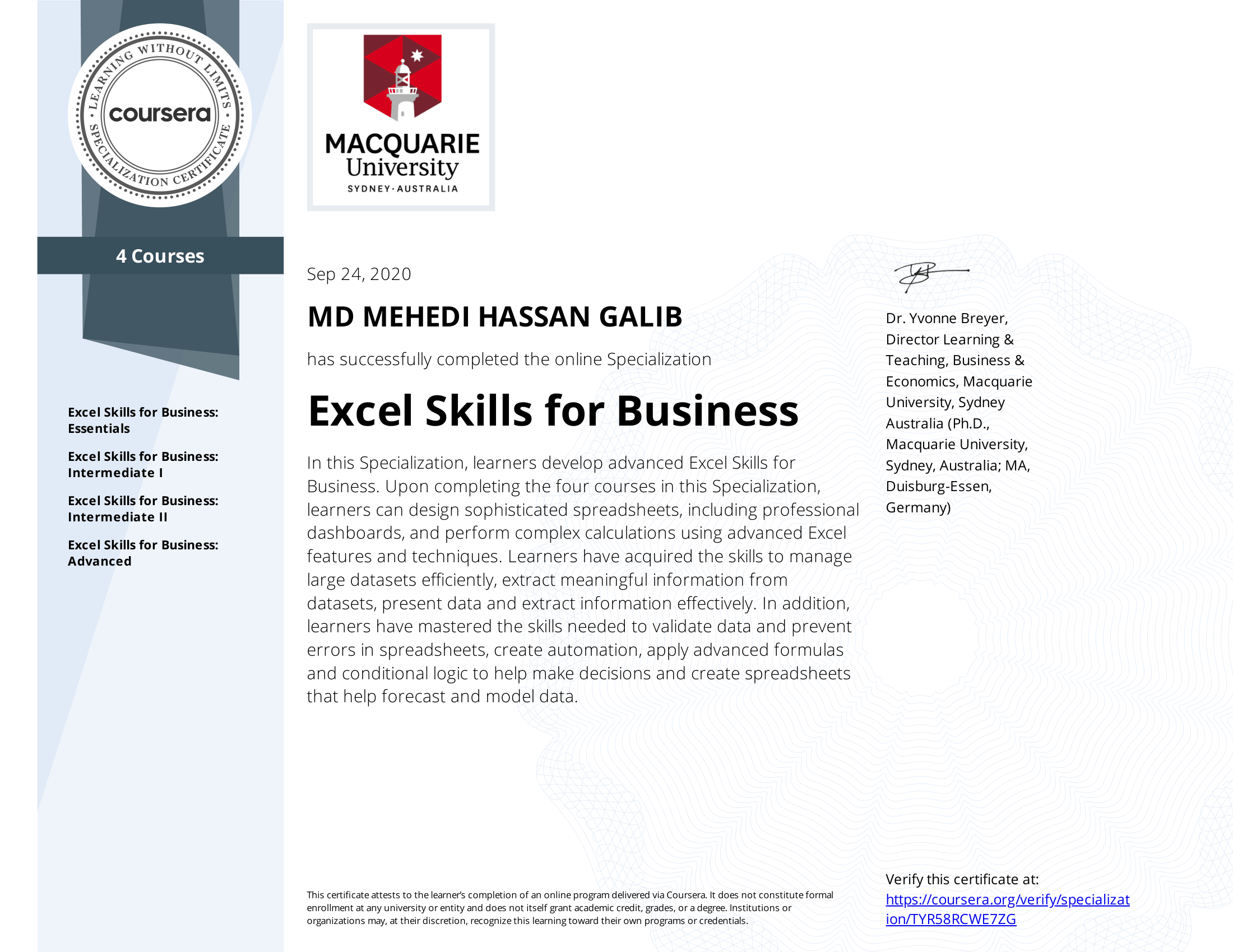 Excel Skills for Business certificate preview