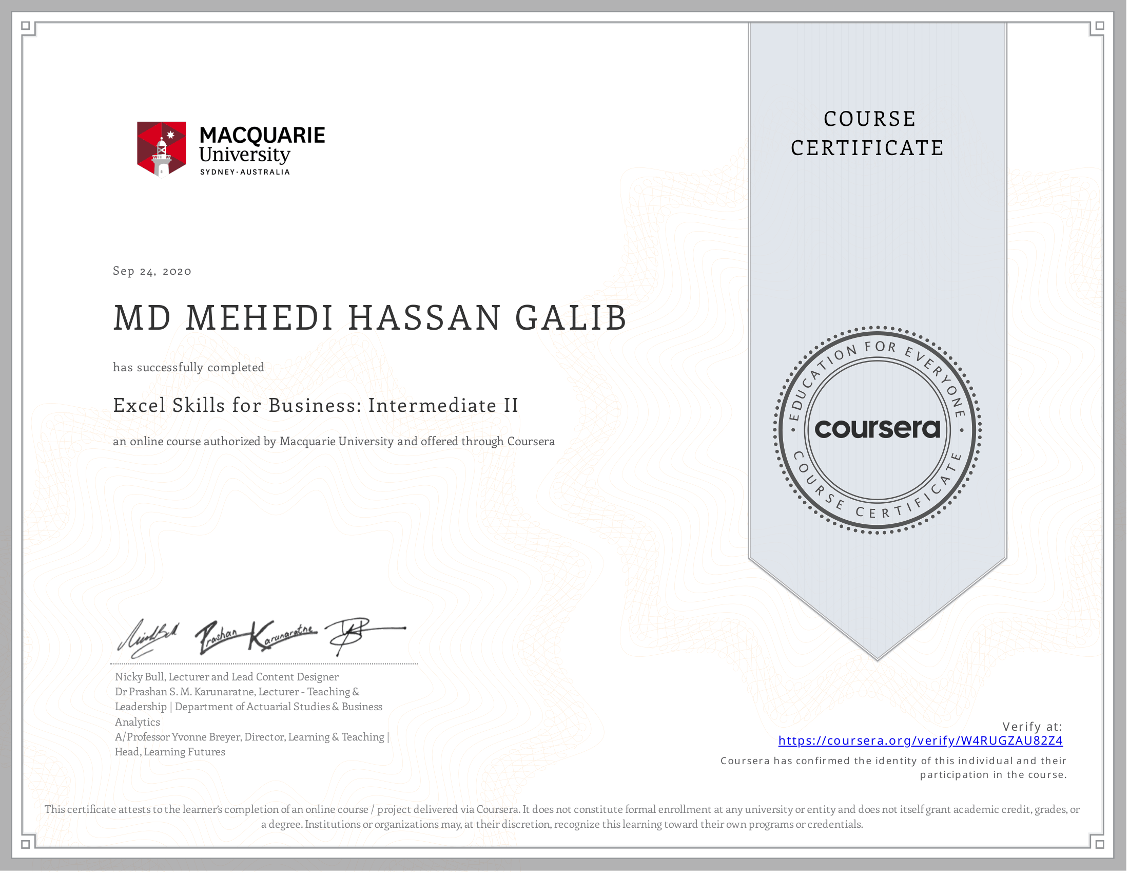 Excel Skills for Business: Intermediate II certificate preview