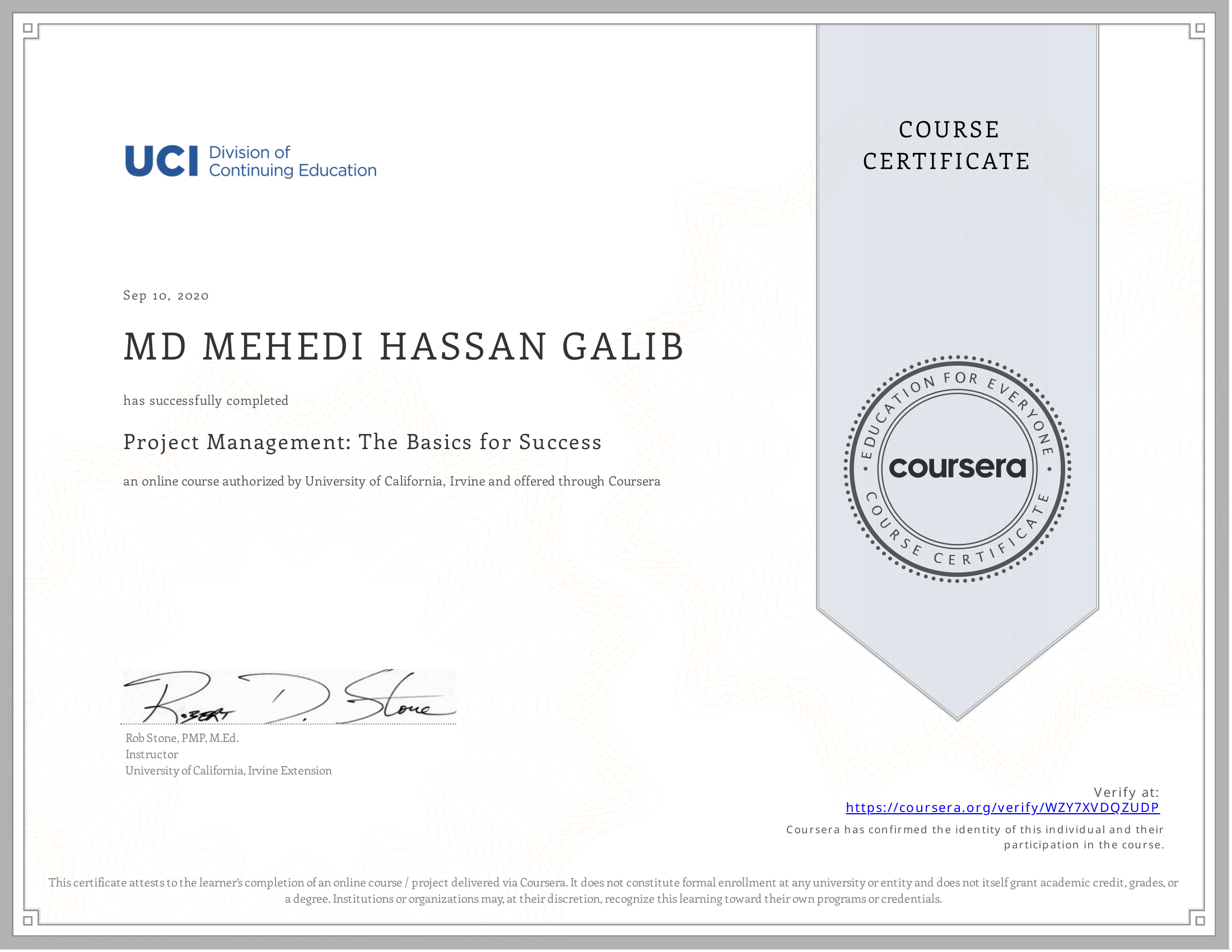 Project Management: The Basics for Success certificate preview