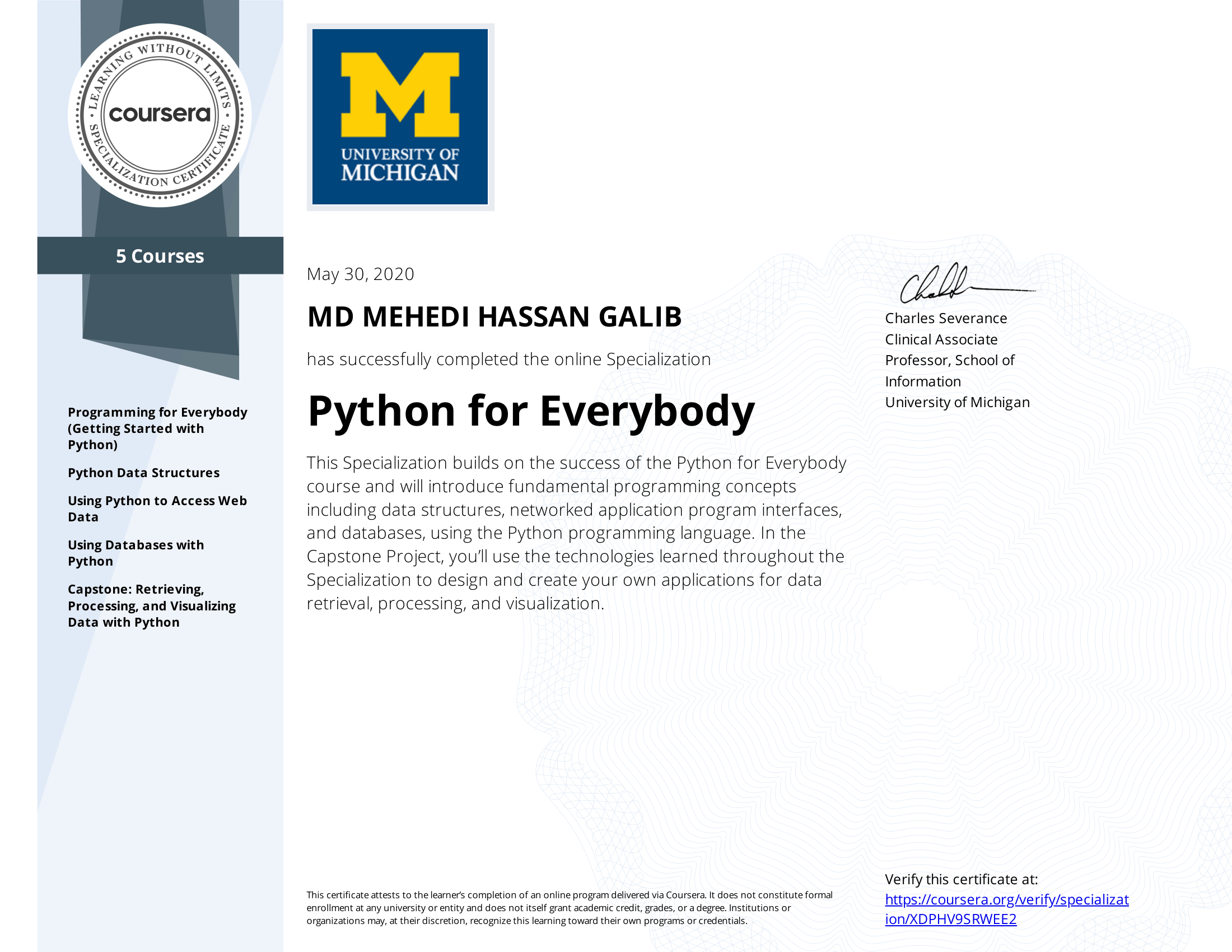 Python for Everybody certificate preview