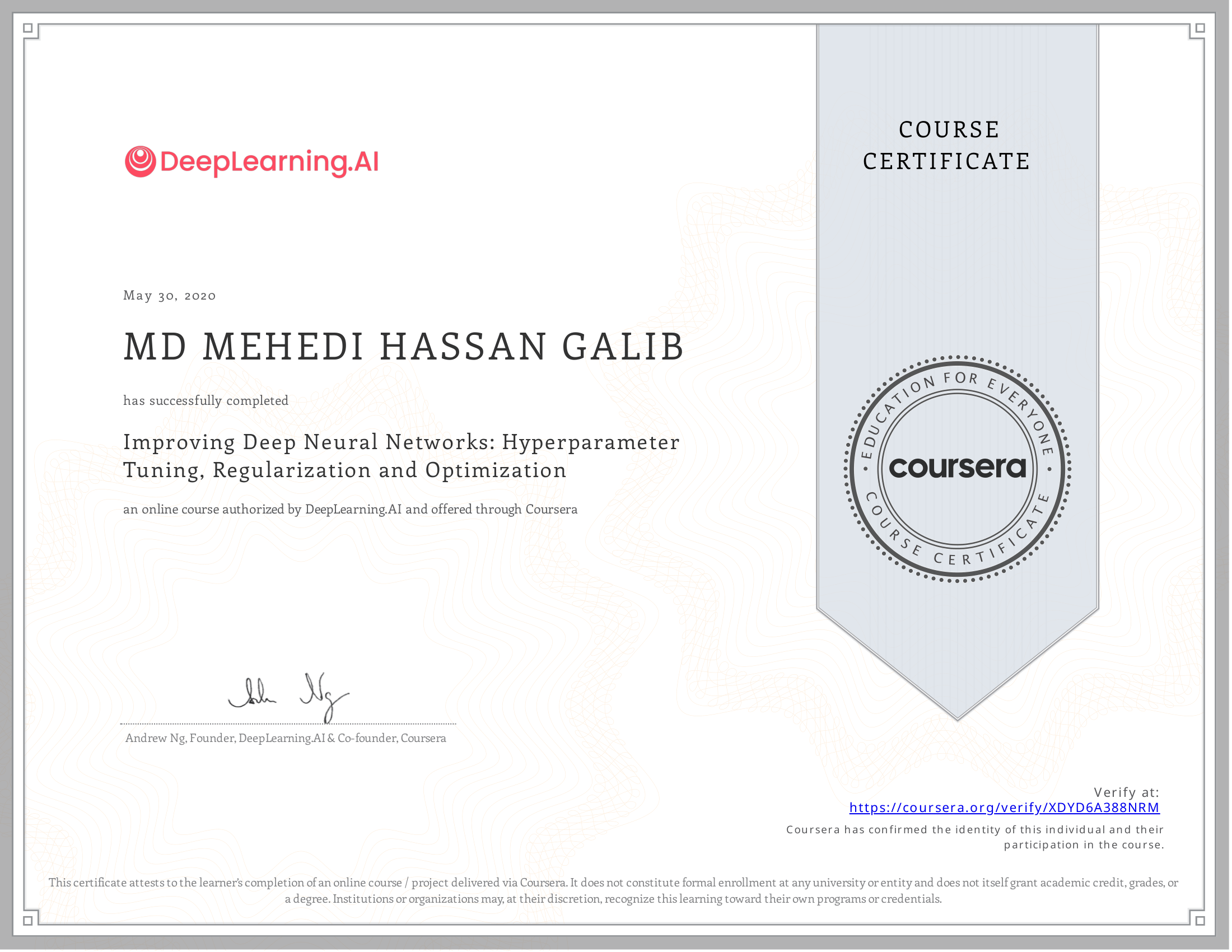 Improving Deep Neural Networks: Hyperparameter Tuning, Regularization and Optimization certificate preview
