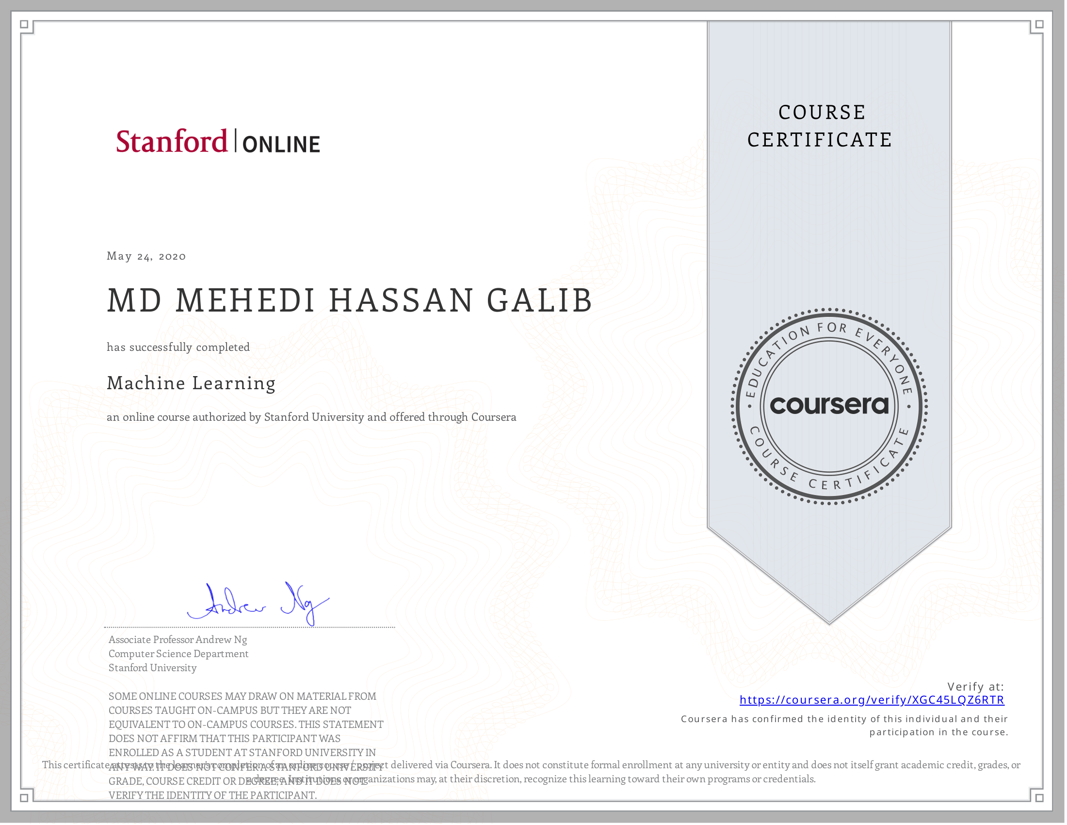 Machine Learning certificate preview