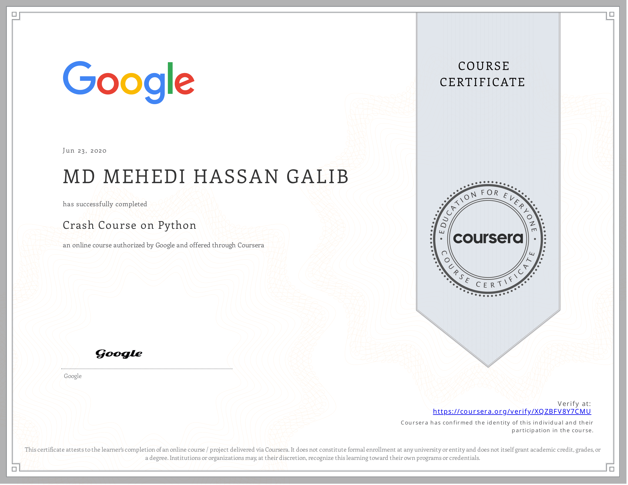 Crash Course on Python certificate preview