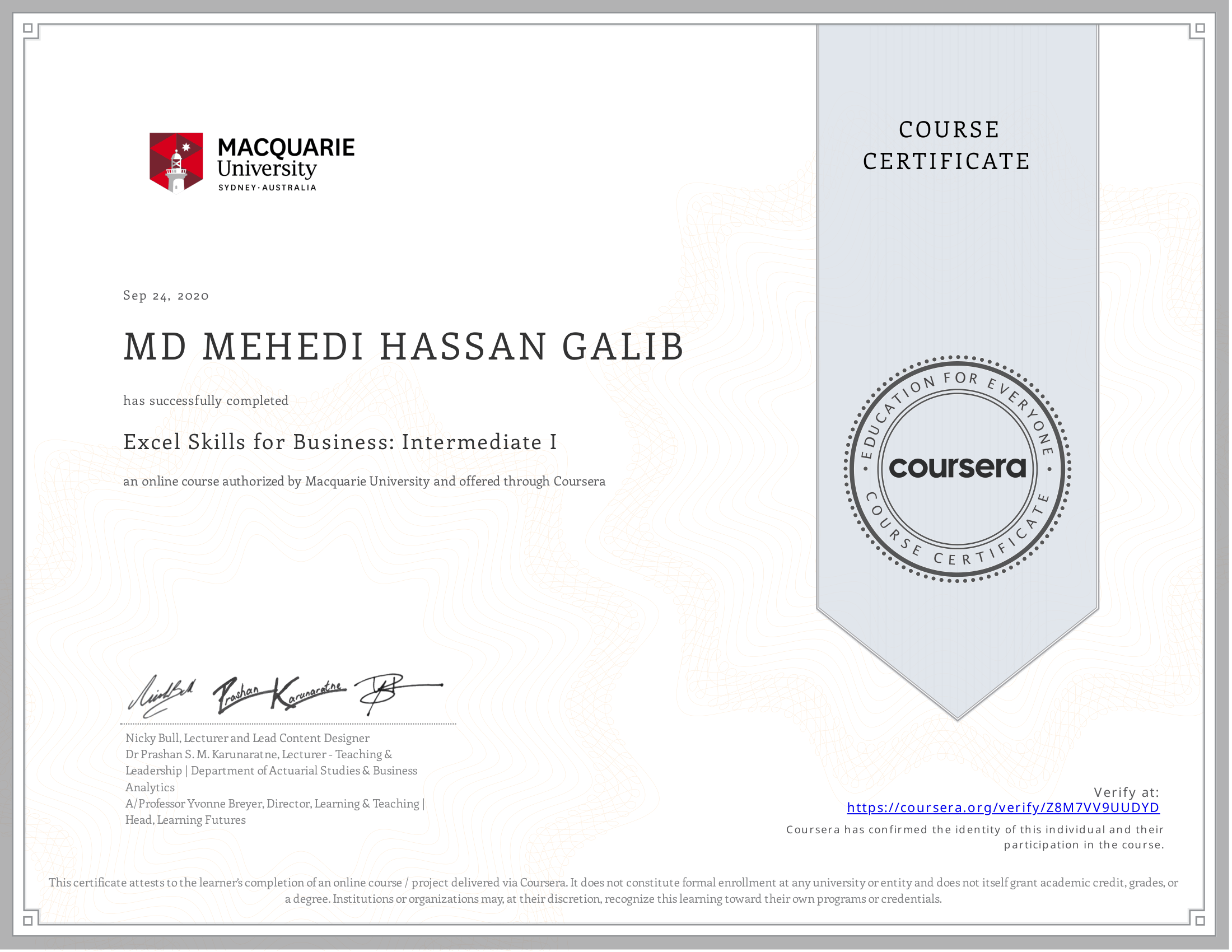 Excel Skills for Business: Intermediate I certificate preview