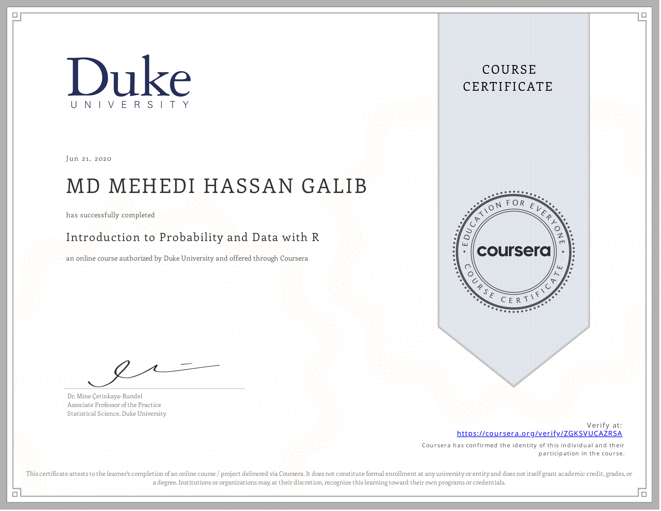 Introduction to Probability and Data with R certificate preview