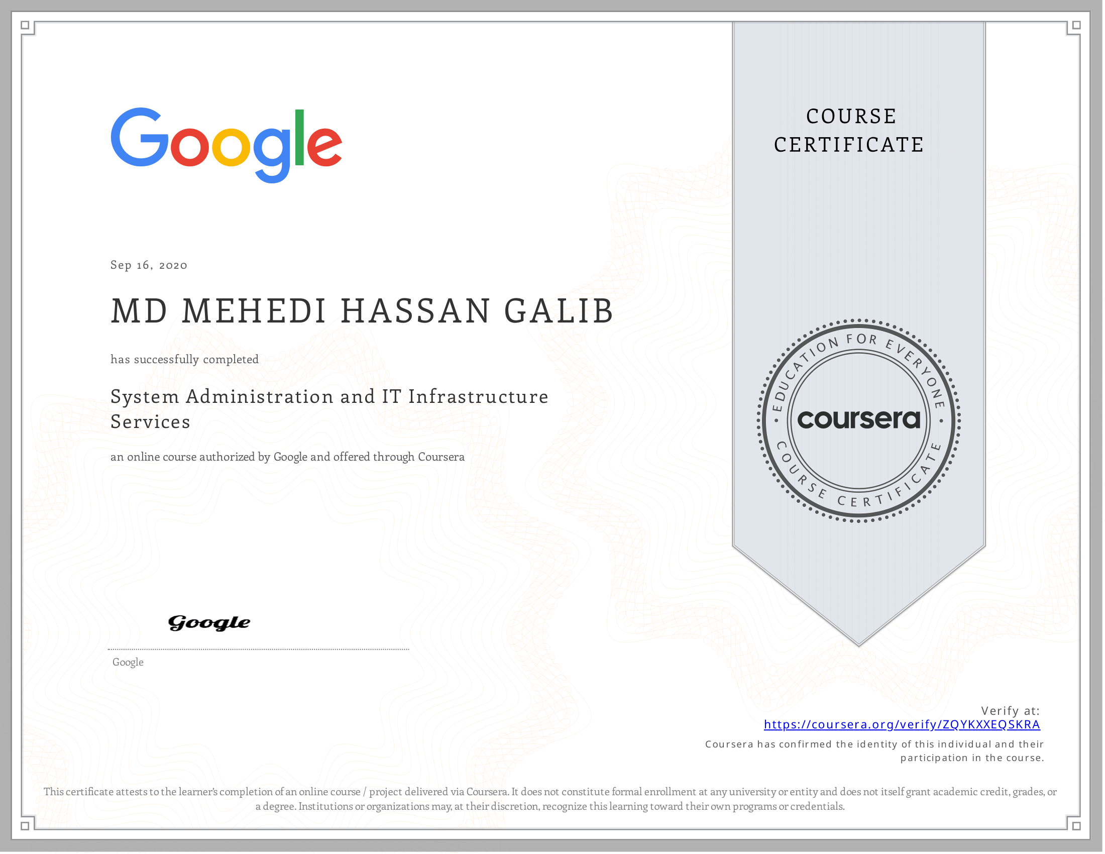 System Administration and IT Infrastructure Services certificate preview